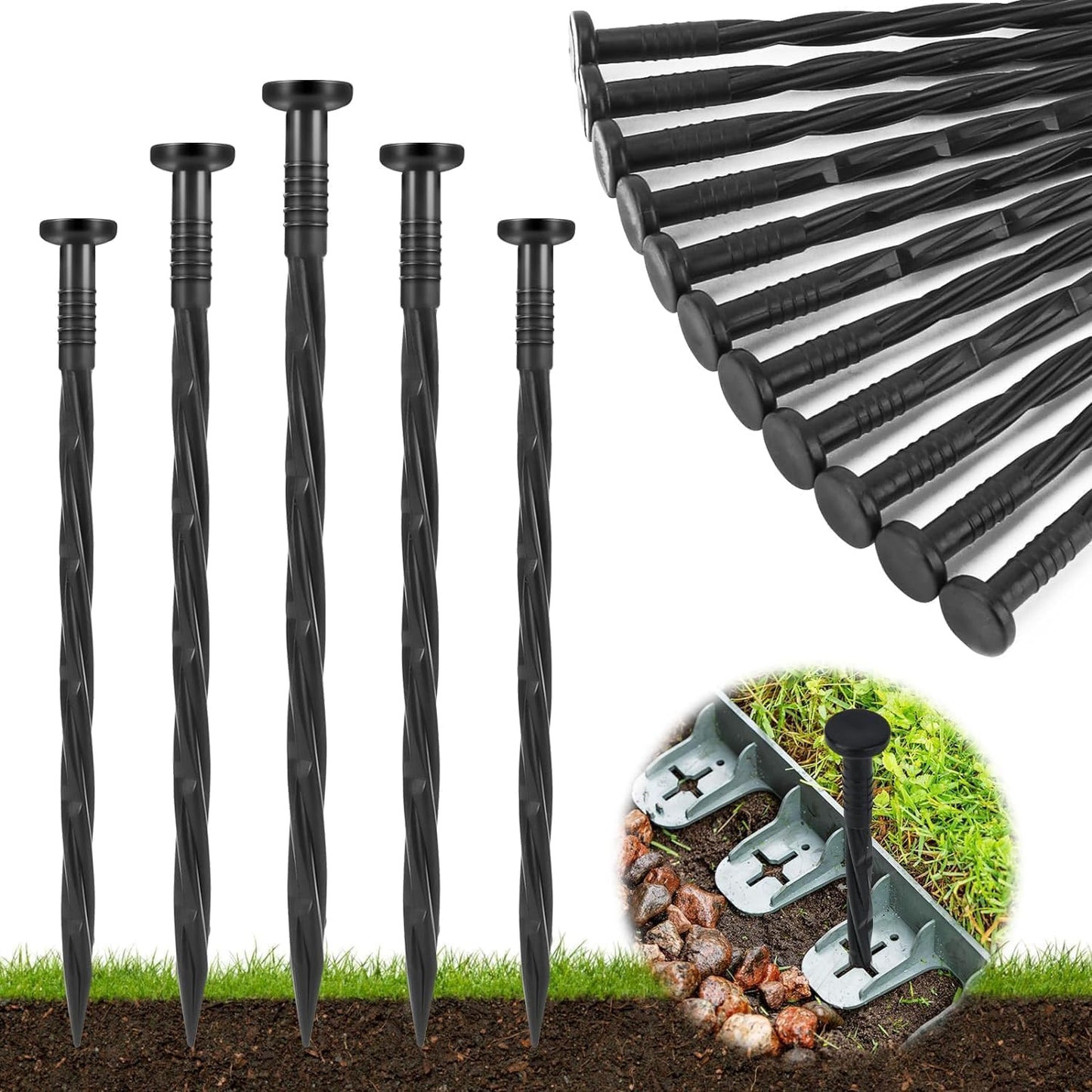 100PCS 8-Inch Plastic Landscape Edging Stakes, Spiral Nylon Landscape Spikes, Anchoring Nails for Weed Barrier, Paver Edging, Landscape Edging, Artificial Turf, Grass Pathways, Black
