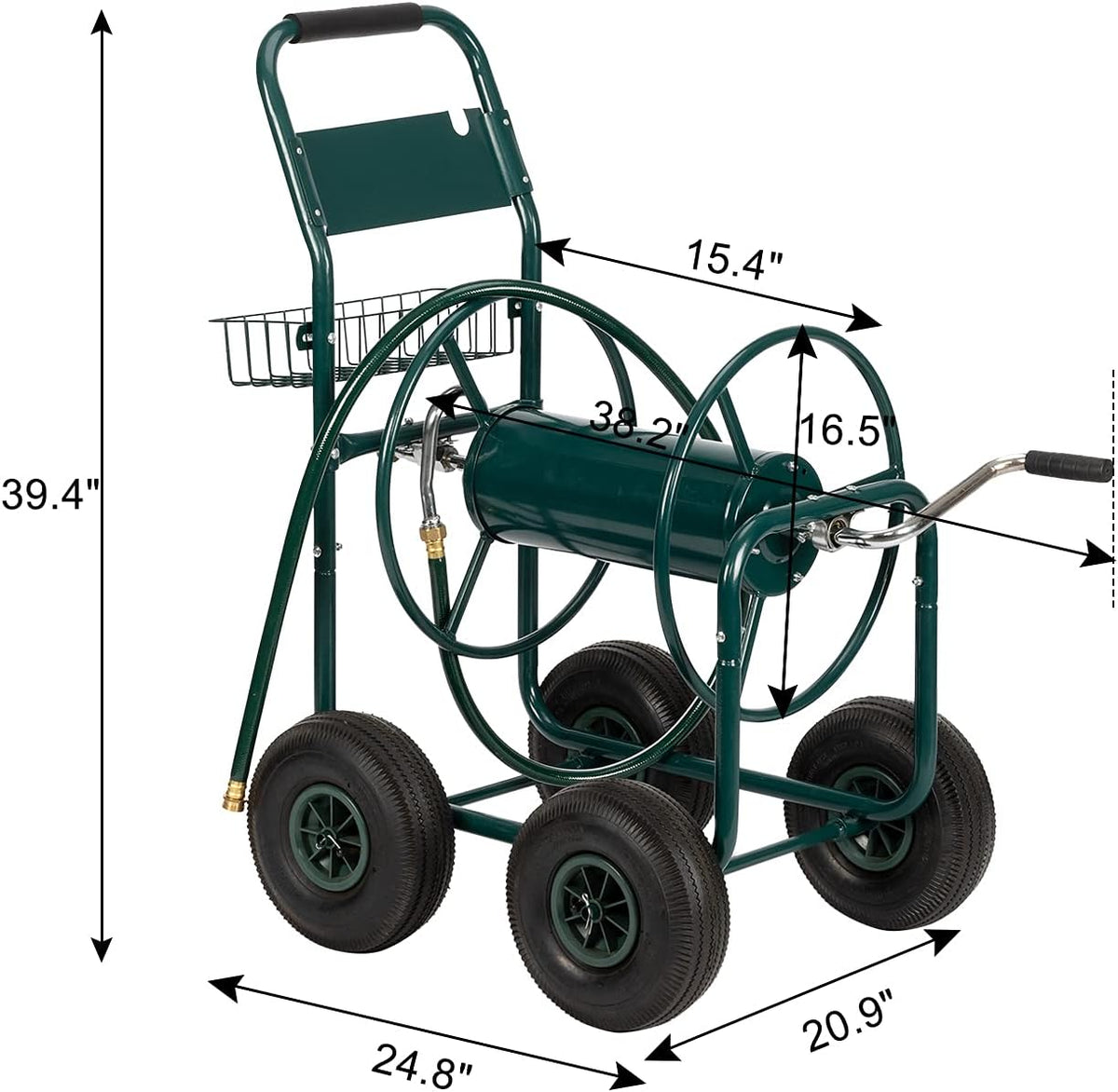 Garden Hose Reel Cart, Holds Up to 300 ft of 5/8" Hose, Green