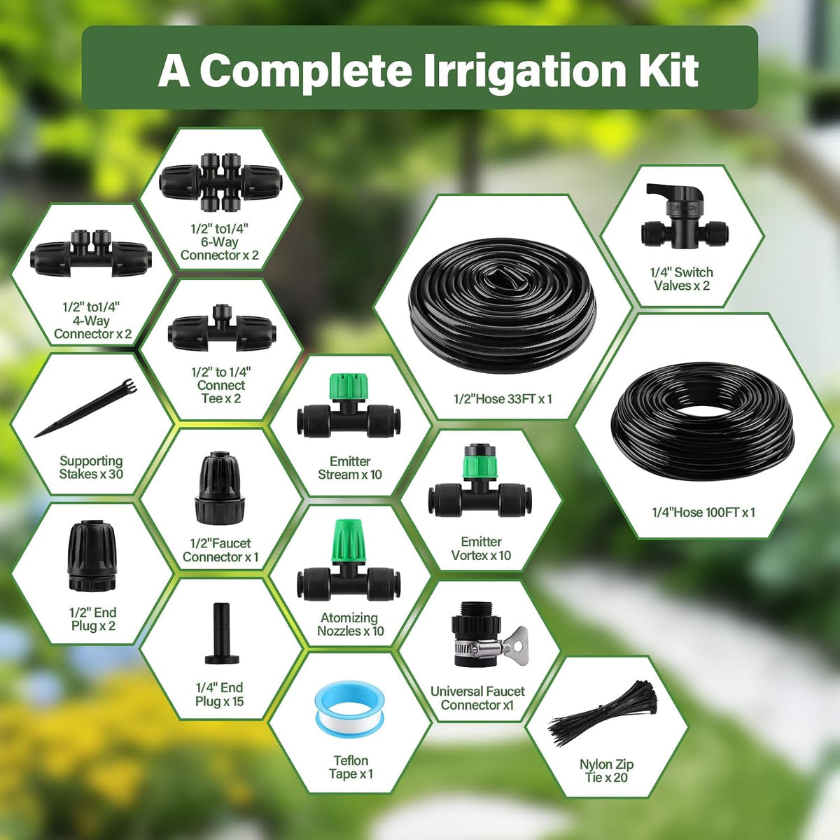 133FT Quick-Connect Drip Irrigation Kit with 30 Drip Emitters,3 Spray Types