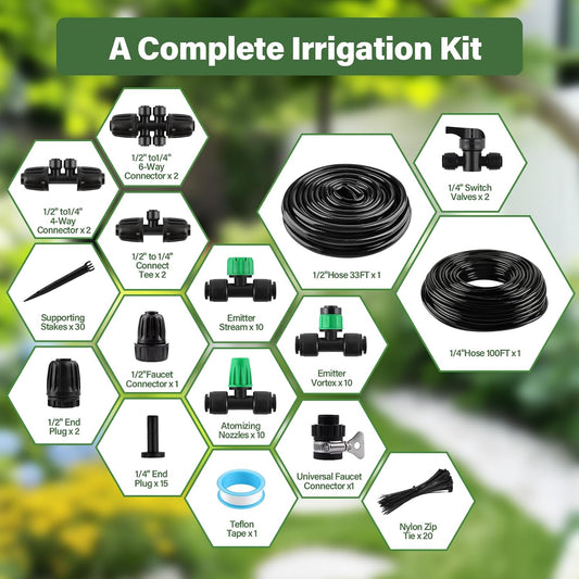 133FT Quick-Connect Drip Irrigation Kit with 30 Drip Emitters,3 Spray Types