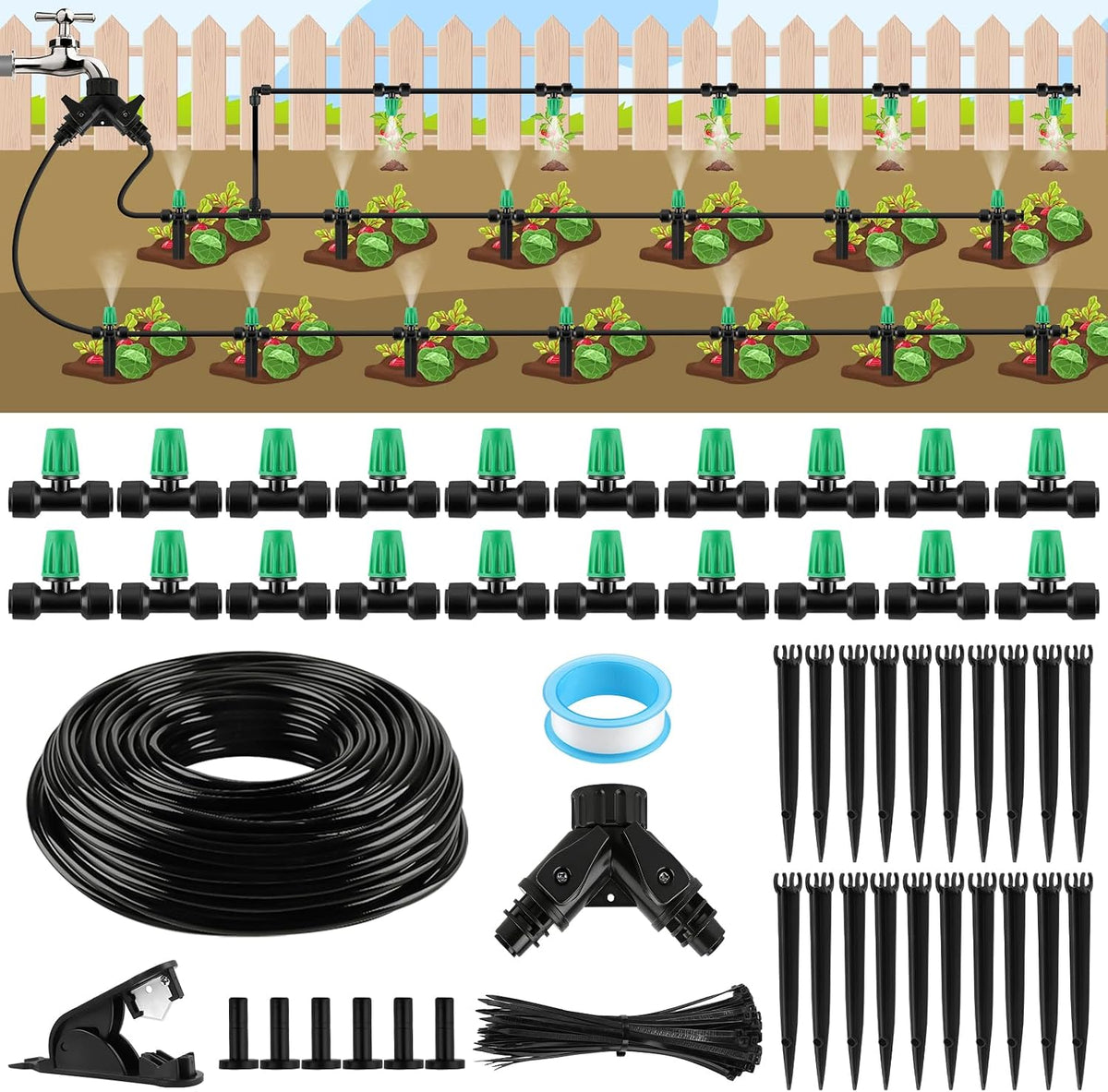 133FT Quick-Connect Drip Irrigation Kit with 30 Drip Emitters,3 Spray Types