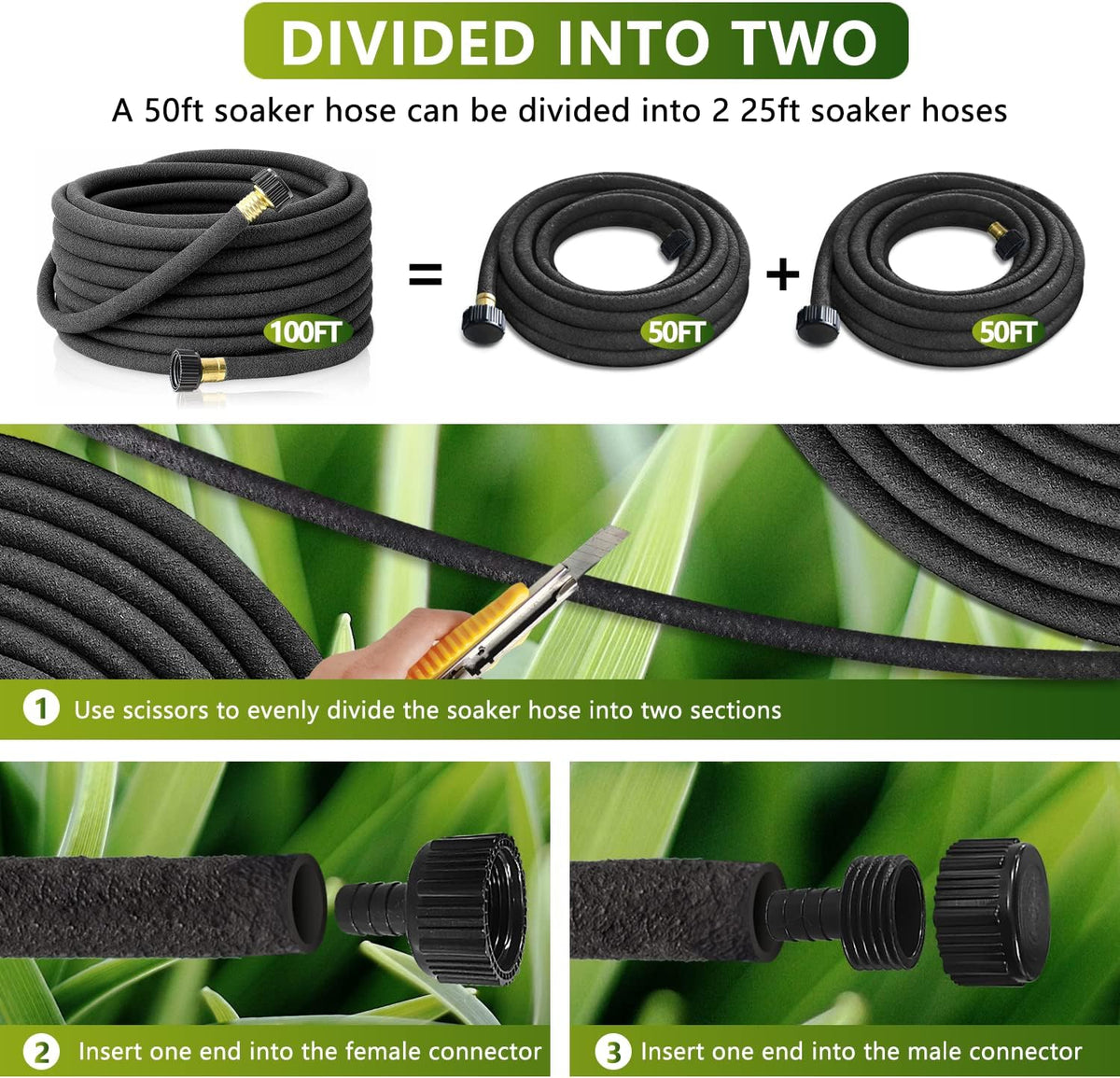 3 Pack Short Soaker Hose 15 Ft for Garden Beds, 1/2’’ 50 ft Soaker Hose for Foundation Watering, 70% Water Saving Drip Hose Irrigation for Lawn, Landscaping, Garden (15 FEET x 3PACK, Black)