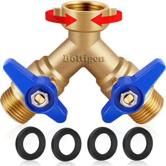 Garden Hose Splitter Full Flow Port 2 Way Heavy Duty Brass Y Type Hose Connector 3/4'' GHT Thread Water Hose Shuf Off Valve Adapter Fitting, for Outdoor Faucet Irrigation House Sprinkler
