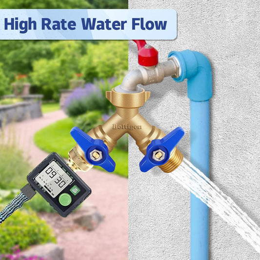 Garden Hose Splitter Full Flow Port 2 Way Heavy Duty Brass Y Type Hose Connector 3/4'' GHT Thread Water Hose Shuf Off Valve Adapter Fitting, for Outdoor Faucet Irrigation House Sprinkler