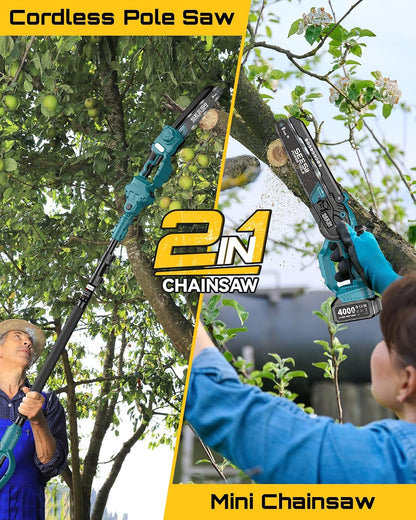2-in-1 Cordless 8 Inch Pole Saw & Mini Chainsaw, 2×4.0Ah Batteries