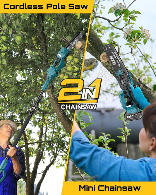 2-in-1 Cordless 8 Inch Pole Saw & Mini Chainsaw, 2×4.0Ah Batteries