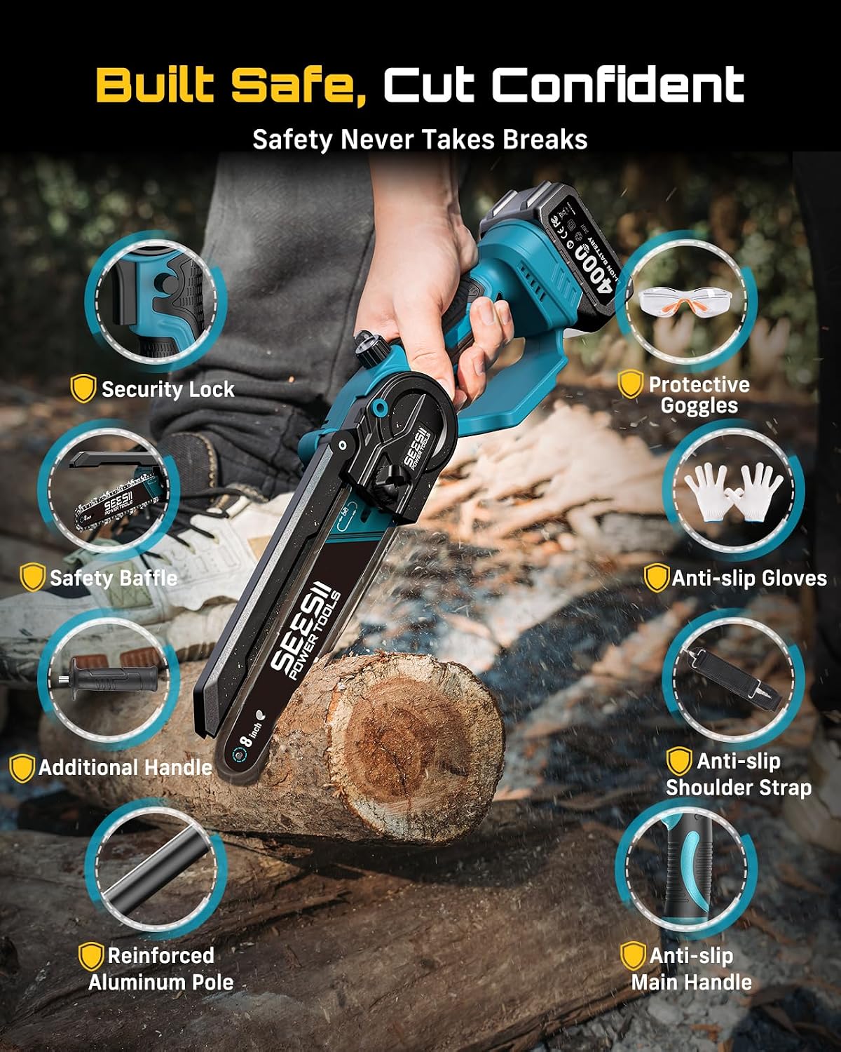 2-in-1 Cordless 8 Inch Pole Saw & Mini Chainsaw, 2×4.0Ah Batteries