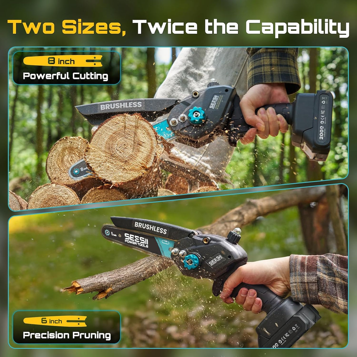 2-in-1 Cordless 8 Inch Pole Saw & Mini Chainsaw, 2×4.0Ah Batteries