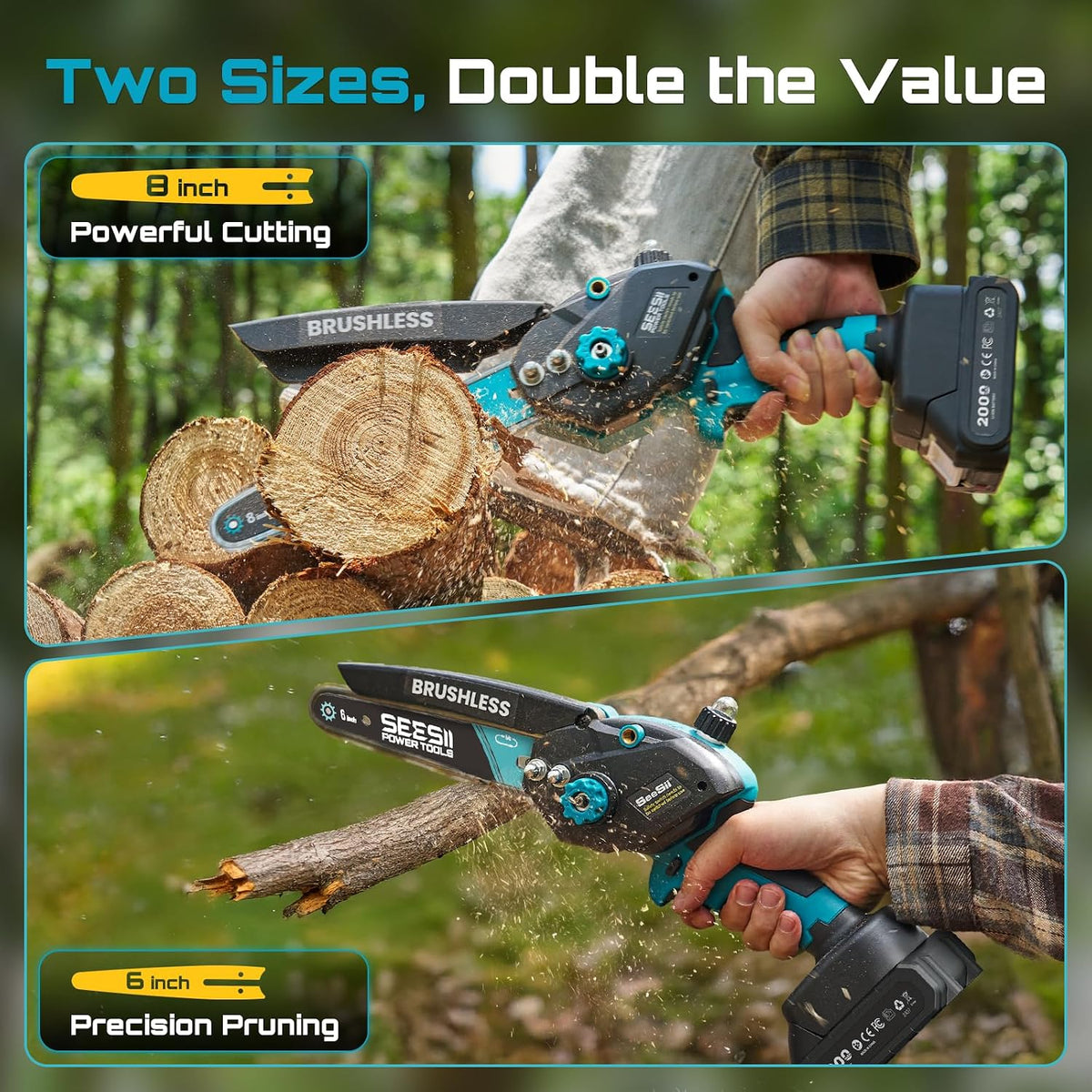 2-in-1 Cordless 8 Inch Pole Saw & Mini Chainsaw, 2×4.0Ah Batteries