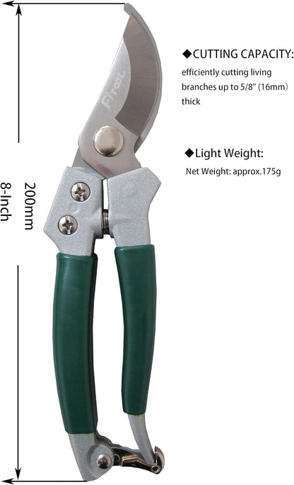 Garden Secateurs, Hand Pruner Clippers, With Stainless Steel Blade, Non-Slip Vinyl Coated Aluminium Handles, Bypass Pruning Shear 8-Inch (Bypass)