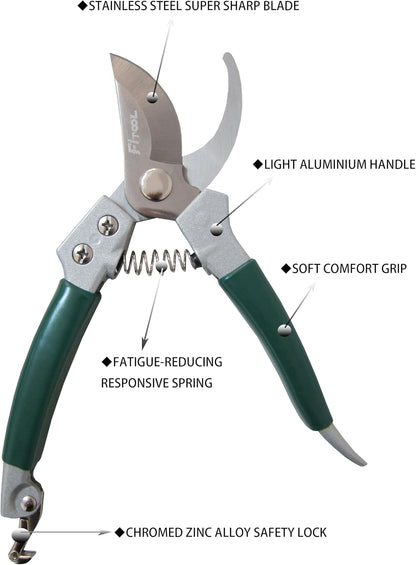 Garden Secateurs, Hand Pruner Clippers, With Stainless Steel Blade, Non-Slip Vinyl Coated Aluminium Handles, Bypass Pruning Shear 8-Inch (Bypass)