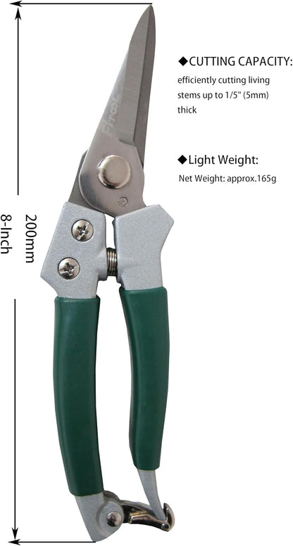 Garden Secateurs, Hand Pruner Clippers, With Stainless Steel Blade, Non-Slip Vinyl Coated Aluminium Handles, Bypass Pruning Shear 8-Inch (Bypass)