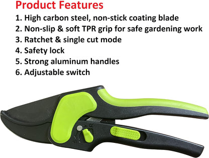 2 in 1 Ratchet Pruning Shears Clippers – 4X Cutting Power – Ratcheting Garden Anvil Pruners Scissors - Ergonomic Grip - Makes Tough Cuts Easy - Great for Seniors & Arthritic Hands