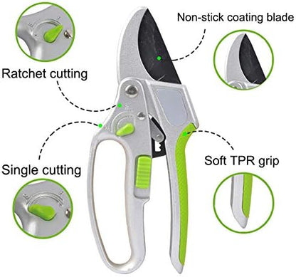 2 in 1 Ratchet Pruning Shears Clippers – 4X Cutting Power – Ratcheting Garden Anvil Pruners Scissors - Ergonomic Grip - Makes Tough Cuts Easy - Great for Seniors & Arthritic Hands