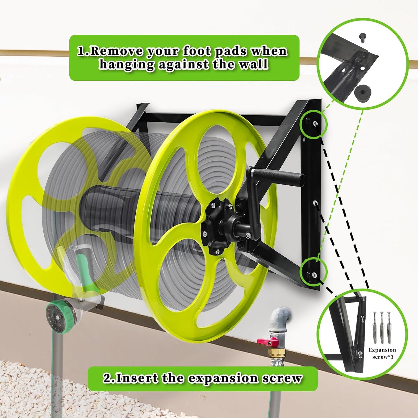 Wall Mount Garden Hose Reel 400FT, Fits 5/8"Hose with 3/4" Brass Fitting