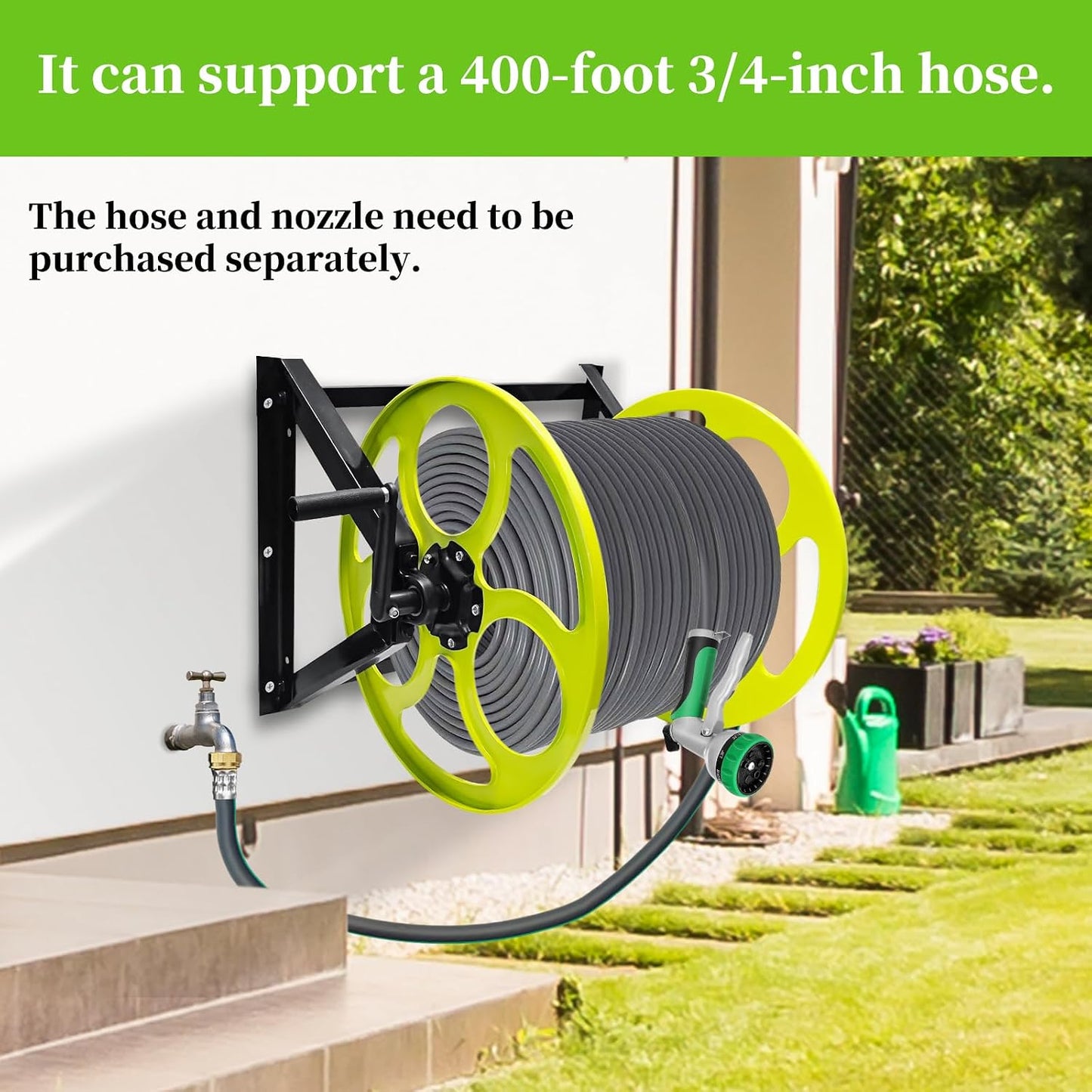 Wall Mount Garden Hose Reel 400FT, Fits 5/8"Hose with 3/4" Brass Fitting