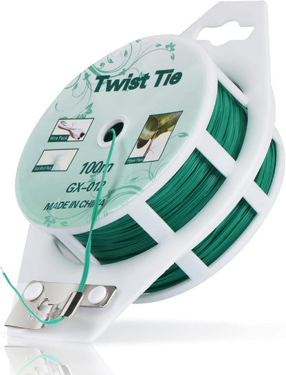 328ft (100m) Twist Ties, Green Garden Plant Ties with Cutter for Gardening and Office Organization, Home