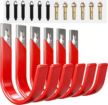 6 Pack Metal Garage Hooks, Heavy Duty Hose Hanger Wall Mounted Utility Storage Hooks for Outside Yard, Sturdy Hose Reel for Water Hose, Brooms, Ladders, Garage Storage