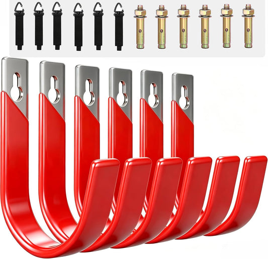 6 Pack Metal Garage Hooks, Heavy Duty Hose Hanger Wall Mounted Utility Storage Hooks for Outside Yard, Sturdy Hose Reel for Water Hose, Brooms, Ladders, Garage Storage