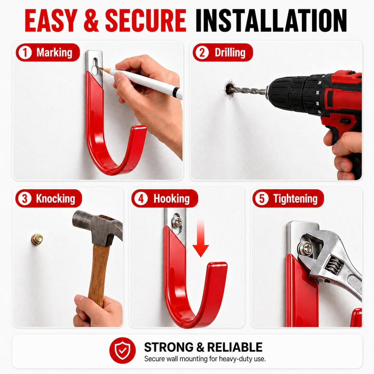 6 Pack Metal Garage Hooks, Heavy Duty Hose Hanger Wall Mounted Utility Storage Hooks for Outside Yard, Sturdy Hose Reel for Water Hose, Brooms, Ladders, Garage Storage