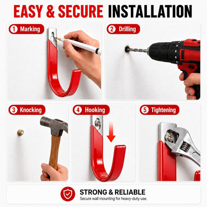 6 Pack Metal Garage Hooks, Heavy Duty Hose Hanger Wall Mounted Utility Storage Hooks for Outside Yard, Sturdy Hose Reel for Water Hose, Brooms, Ladders, Garage Storage
