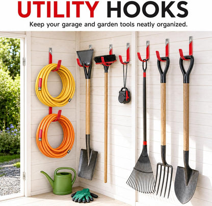 6 Pack Metal Garage Hooks, Heavy Duty Hose Hanger Wall Mounted Utility Storage Hooks for Outside Yard, Sturdy Hose Reel for Water Hose, Brooms, Ladders, Garage Storage