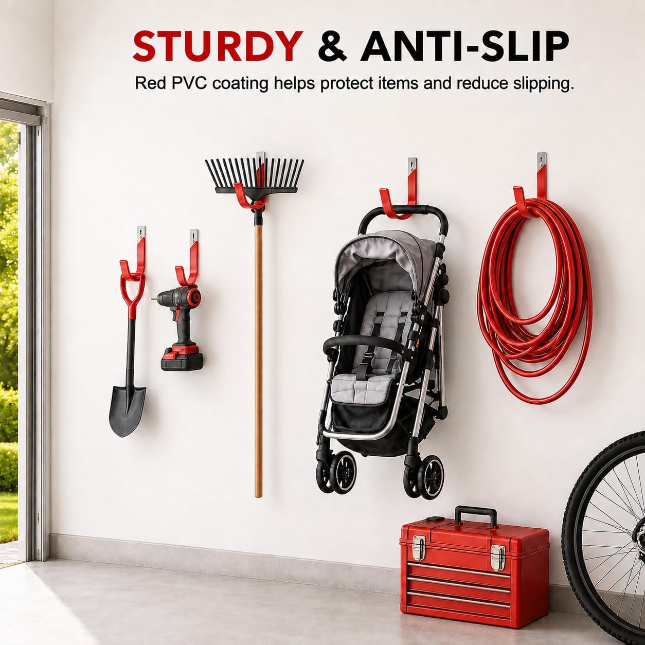 6 Pack Metal Garage Hooks, Heavy Duty Hose Hanger Wall Mounted Utility Storage Hooks for Outside Yard, Sturdy Hose Reel for Water Hose, Brooms, Ladders, Garage Storage