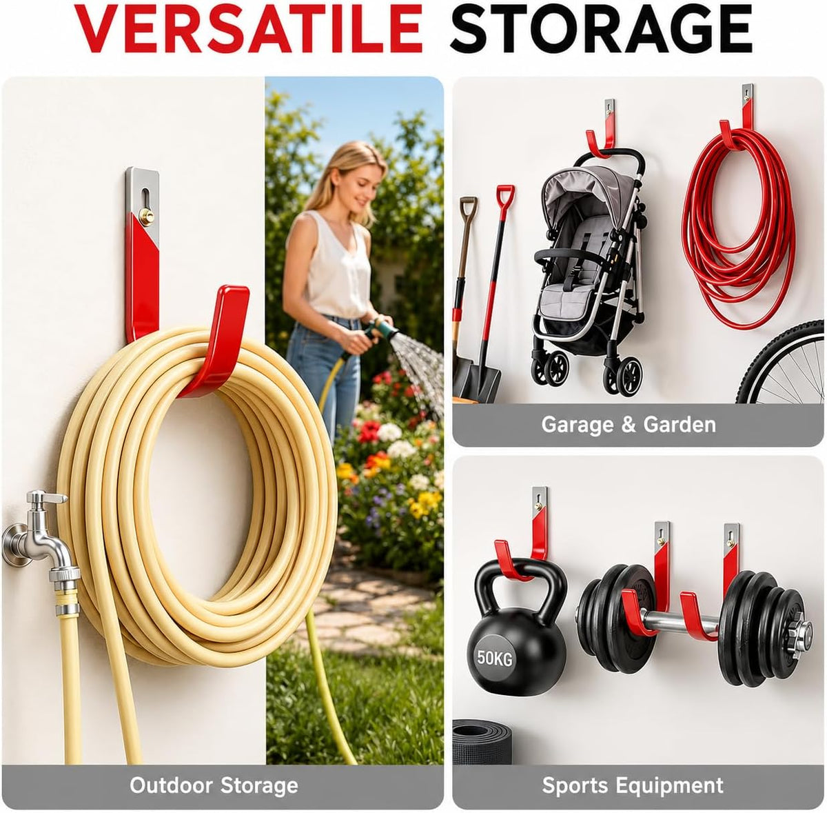 6 Pack Metal Garage Hooks, Heavy Duty Hose Hanger Wall Mounted Utility Storage Hooks for Outside Yard, Sturdy Hose Reel for Water Hose, Brooms, Ladders, Garage Storage