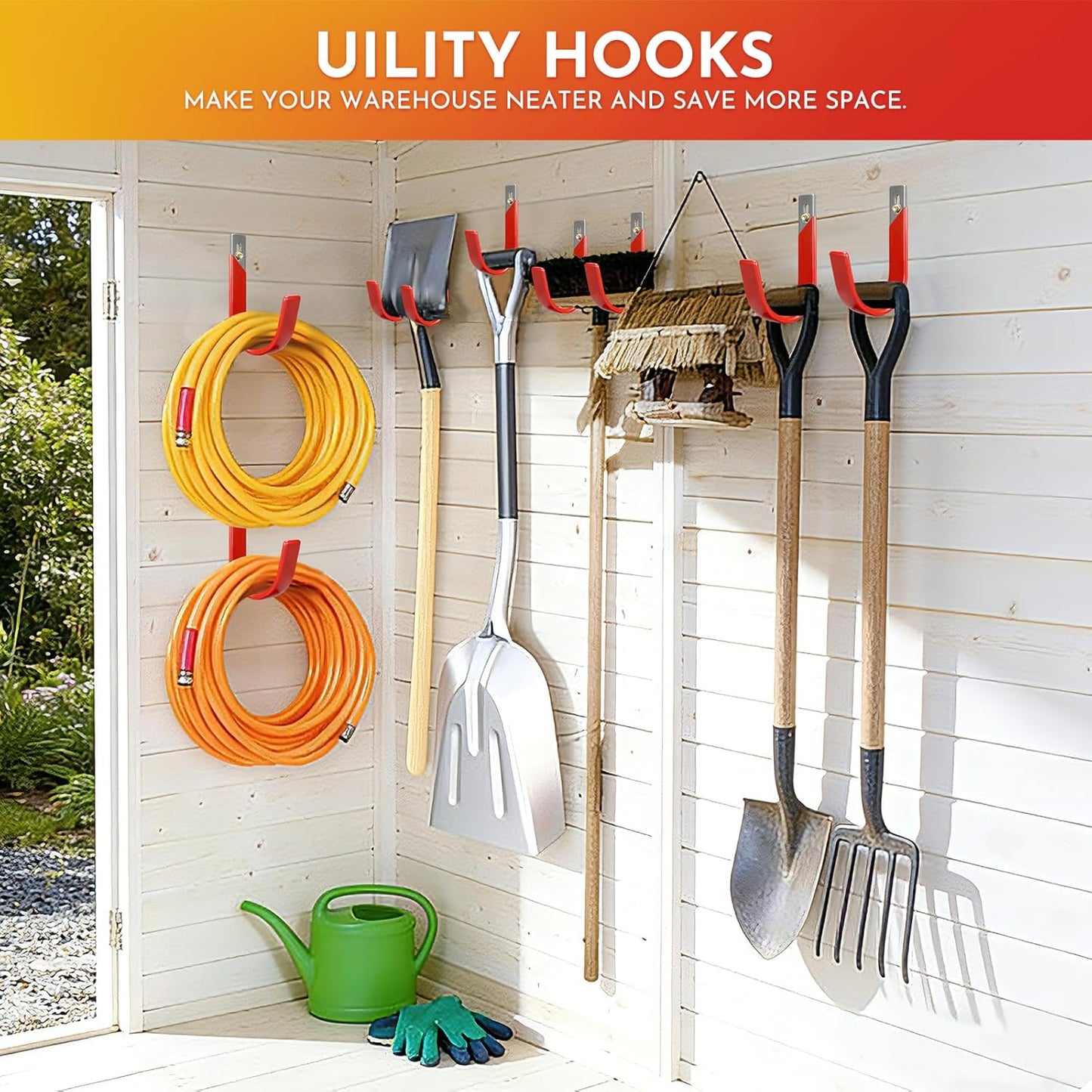 6 Pack Metal Garage Hooks, Heavy Duty Hose Hanger Wall Mounted Utility Storage Hooks for Outside Yard, Sturdy Hose Reel for Water Hose, Brooms, Ladders, Garage Storage