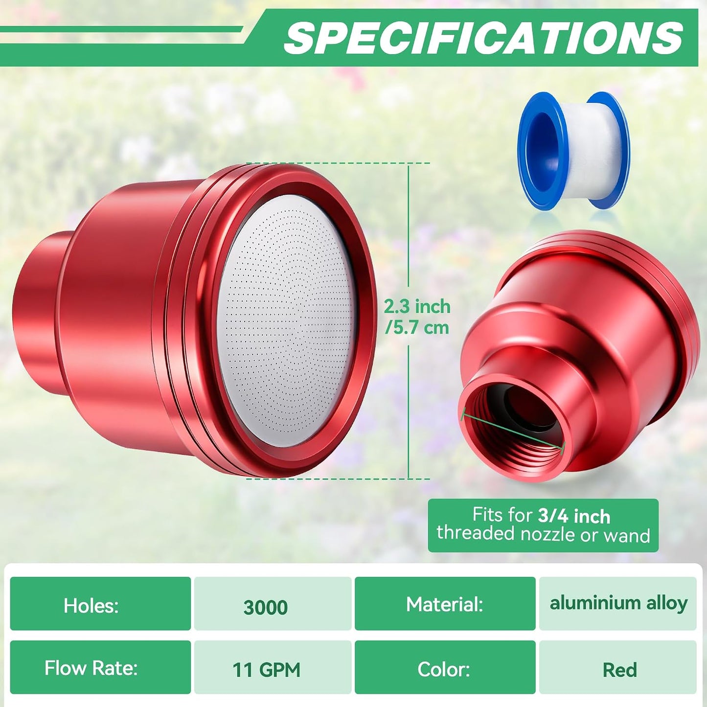 1 Pack Water Nozzle with 3000 Tiny Holes, 3/4'' Aluminium Alloy Garden Hose Shower Head with PTFE Thread Seal Tape for Outdoor Watering Flowers, Plants, Greenhouse, Nurseryman (2.24'',Silver)