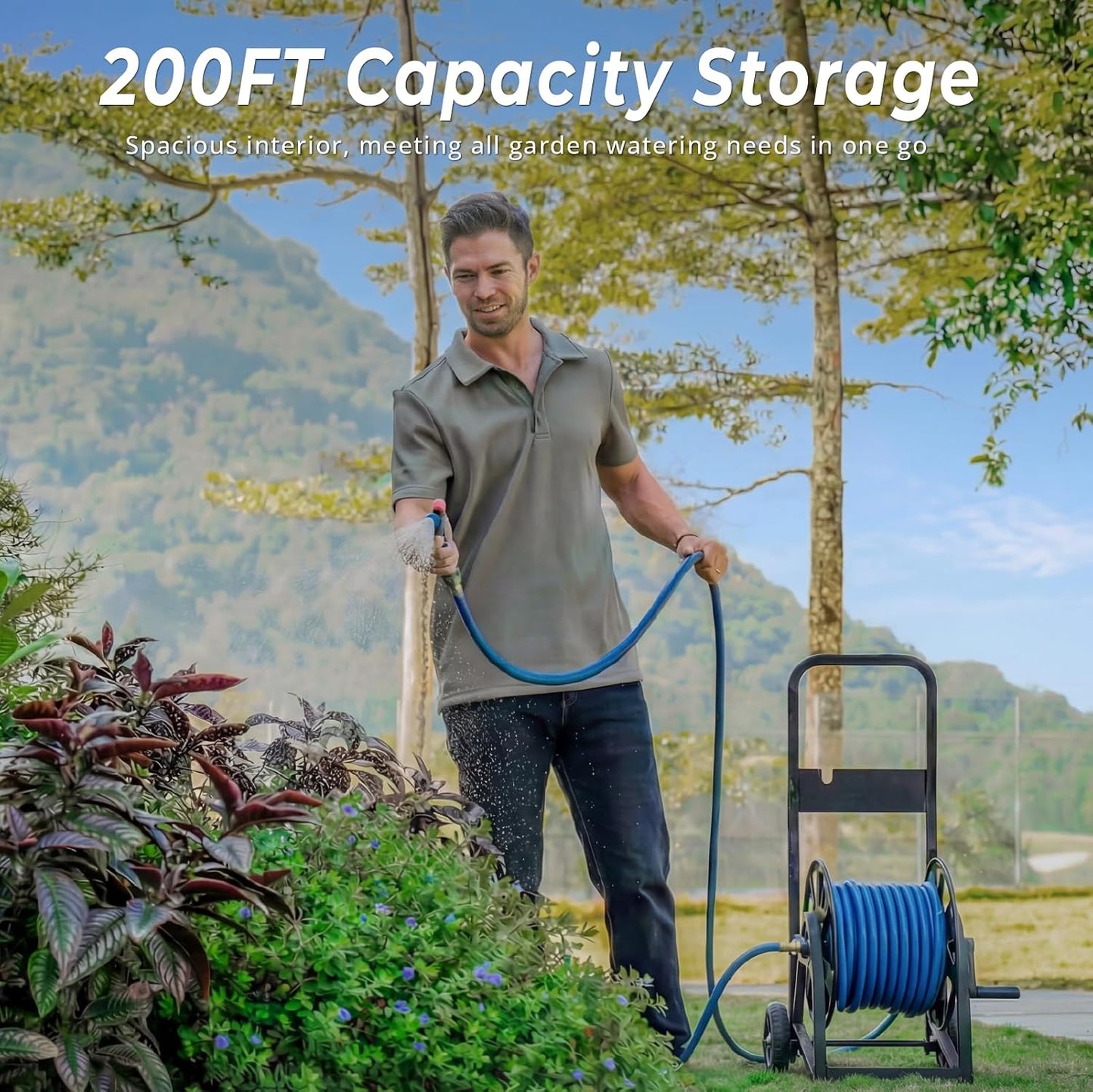 Garden Hose Reel Cart, Heavy Duty Metal Water Hose Cart with Wheels, Holds 200FT x 5/8" Hose, Leak-Proof Aluminum Water System, Anti-Burst Wheels, Ergonomic Crank, Outdoor Rust-Resistant