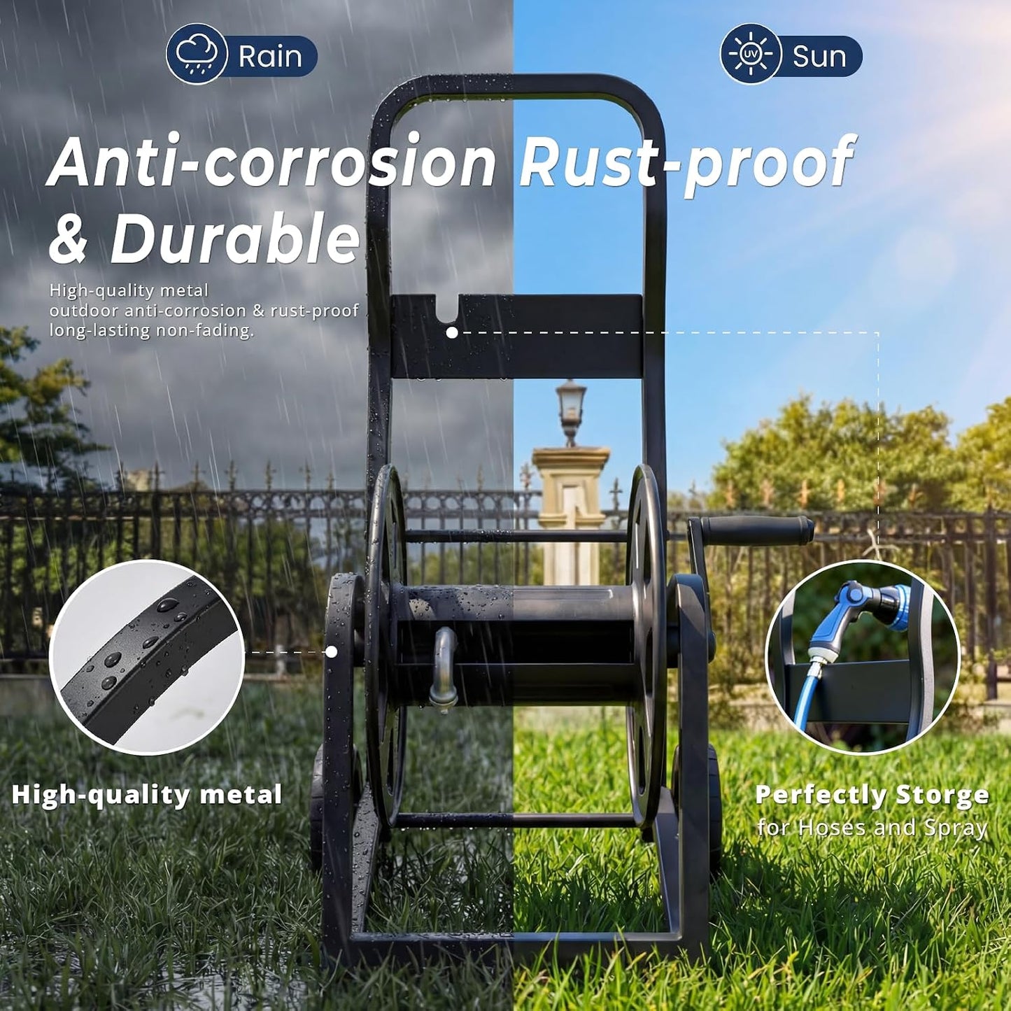 Garden Hose Reel Cart, Heavy Duty Metal Water Hose Cart with Wheels, Holds 200FT x 5/8" Hose, Leak-Proof Aluminum Water System, Anti-Burst Wheels, Ergonomic Crank, Outdoor Rust-Resistant