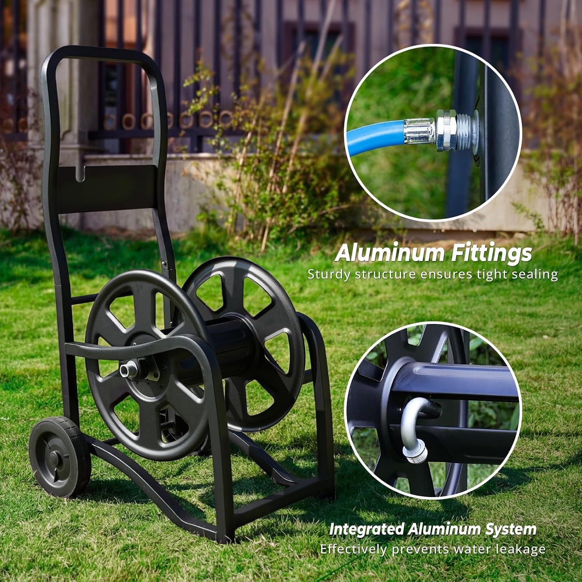 Garden Hose Reel Cart, Heavy Duty Metal Water Hose Cart with Wheels, Holds 200FT x 5/8" Hose, Leak-Proof Aluminum Water System, Anti-Burst Wheels, Ergonomic Crank, Outdoor Rust-Resistant
