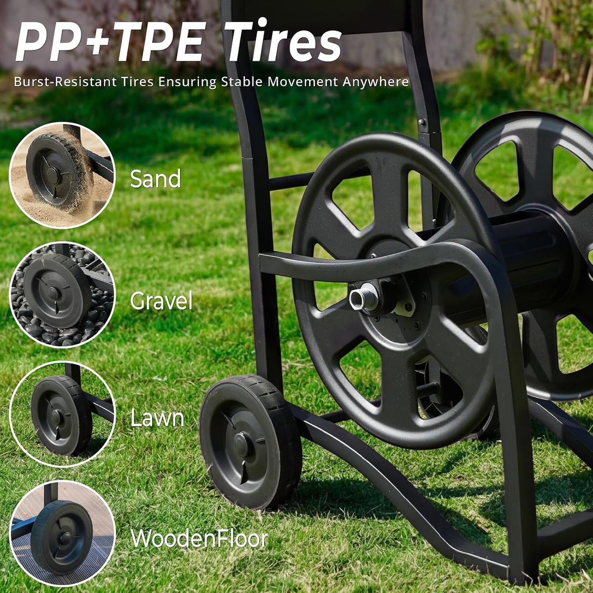 Garden Hose Reel Cart, Heavy Duty Metal Water Hose Cart with Wheels, Holds 200FT x 5/8" Hose, Leak-Proof Aluminum Water System, Anti-Burst Wheels, Ergonomic Crank, Outdoor Rust-Resistant