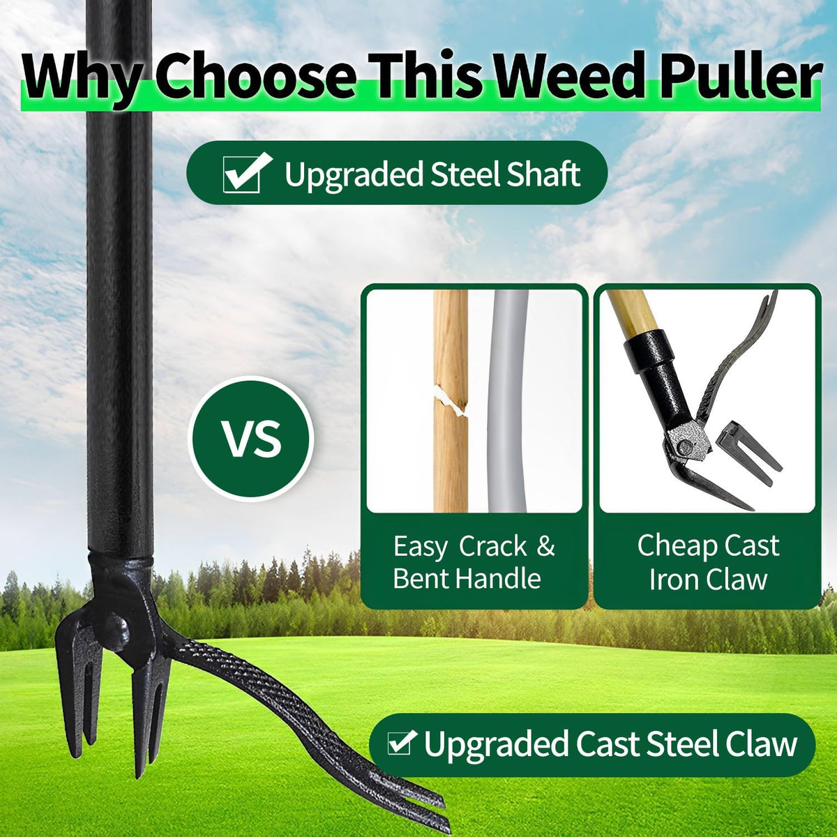 47.2IN Weed Puller Tool,Effortlessly Remove Weeds and Dandelion Roots,Non-Slip 4 Claw Steel Head - 100% Metal Stand Up Weeding Tool, No Bending or Kneeling Required- Ideal for Garden, Lawn, and Patio