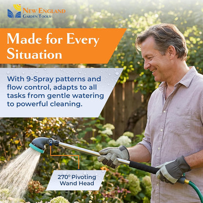 9-Pattern 36-inch Watering Wand 600004, 270° Pivot Head, Heavy-Duty Hose End Sprayer w/Lever Control for Fruit Trees, Yard Work, & Car Cleaning, Fits Outdoor Garden Hoses