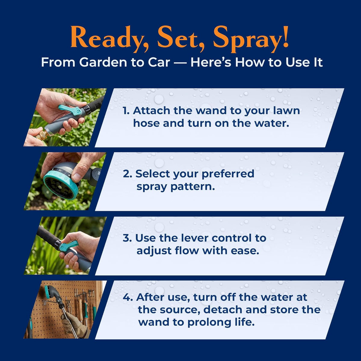 9-Pattern 36-inch Watering Wand 600004, 270° Pivot Head, Heavy-Duty Hose End Sprayer w/Lever Control for Fruit Trees, Yard Work, & Car Cleaning, Fits Outdoor Garden Hoses