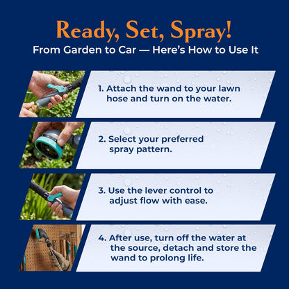 9-Pattern 36-inch Watering Wand 600004, 270° Pivot Head, Heavy-Duty Hose End Sprayer w/Lever Control for Fruit Trees, Yard Work, & Car Cleaning, Fits Outdoor Garden Hoses