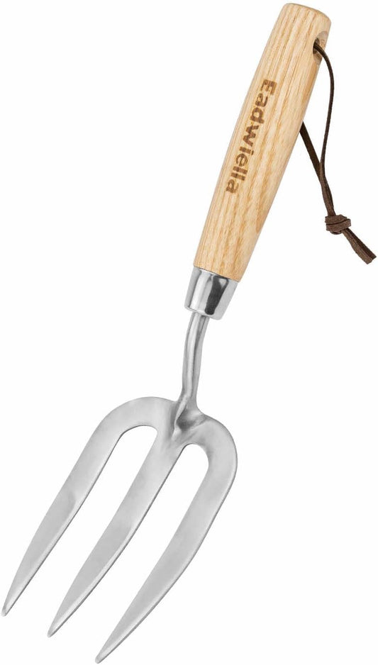 Garden Fork Hand Tool Small Weeding Fork 12 Inch with 3 Pointed Tines Wood Handle for Gardening Weeding Cultivating Digging Planting Transplanting Aerating Loosening Hard Soil