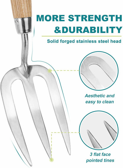 Garden Fork Hand Tool Small Weeding Fork 12 Inch with 3 Pointed Tines Wood Handle for Gardening Weeding Cultivating Digging Planting Transplanting Aerating Loosening Hard Soil