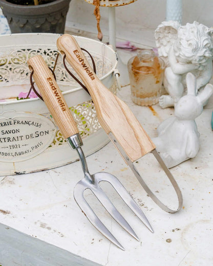 Garden Fork Hand Tool Small Weeding Fork 12 Inch with 3 Pointed Tines Wood Handle for Gardening Weeding Cultivating Digging Planting Transplanting Aerating Loosening Hard Soil