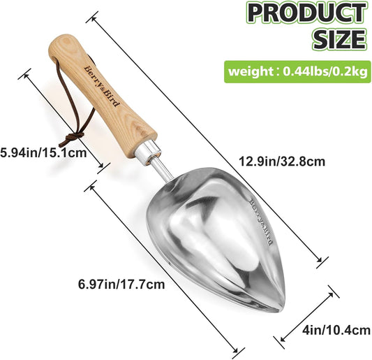 Oversized Soil Scoop, 12.9" Stainless Steel Gardening Scoop with Ash Wood Handle