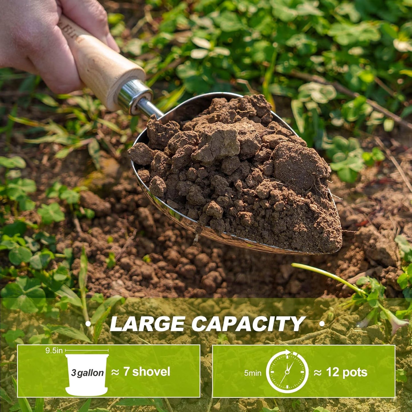 Oversized Soil Scoop, 12.9" Stainless Steel Gardening Scoop with Ash Wood Handle