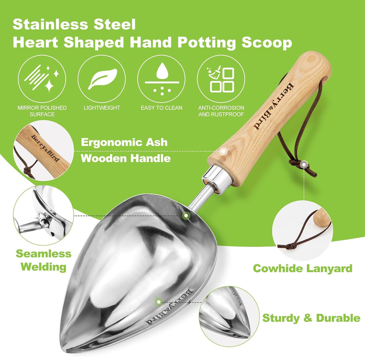 Oversized Soil Scoop, 12.9" Stainless Steel Gardening Scoop with Ash Wood Handle