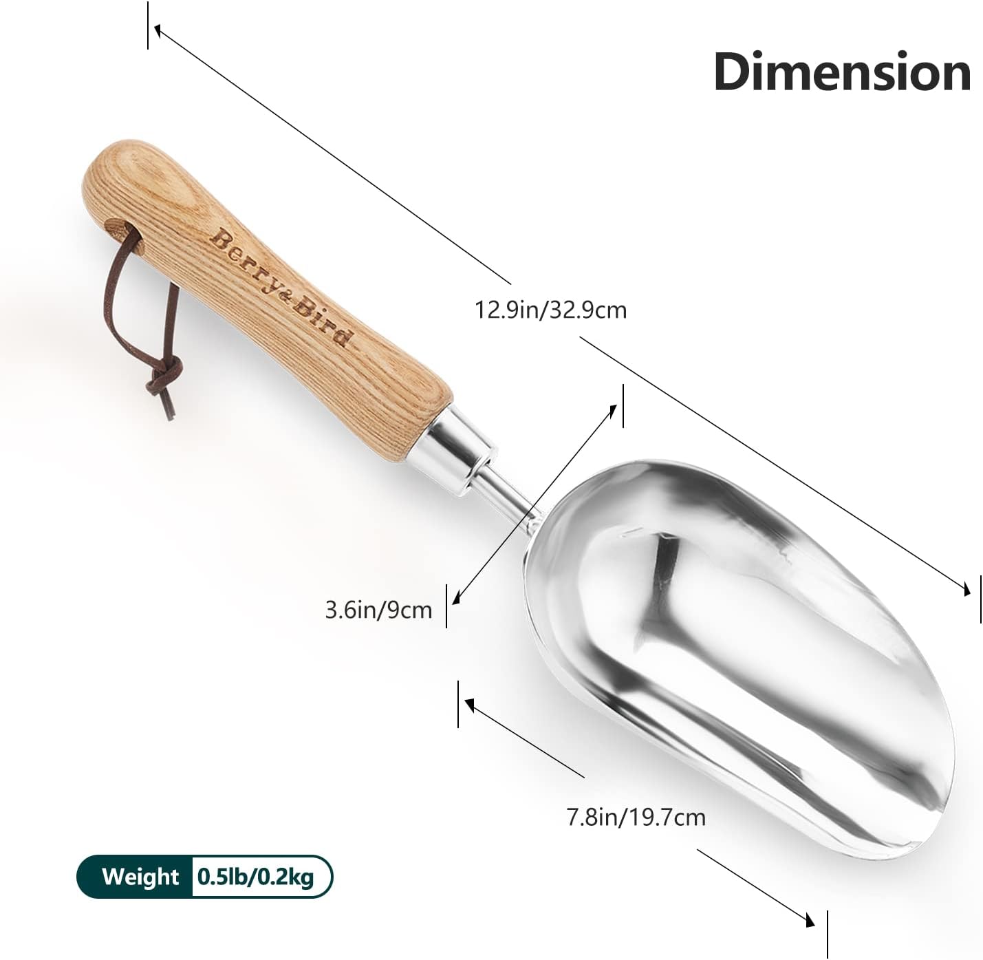 Oversized Soil Scoop, 12.9" Stainless Steel Gardening Scoop with Ash Wood Handle