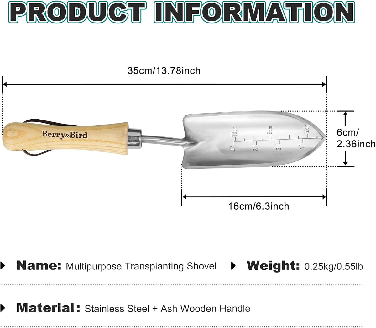 Oversized Soil Scoop, 12.9" Stainless Steel Gardening Scoop with Ash Wood Handle