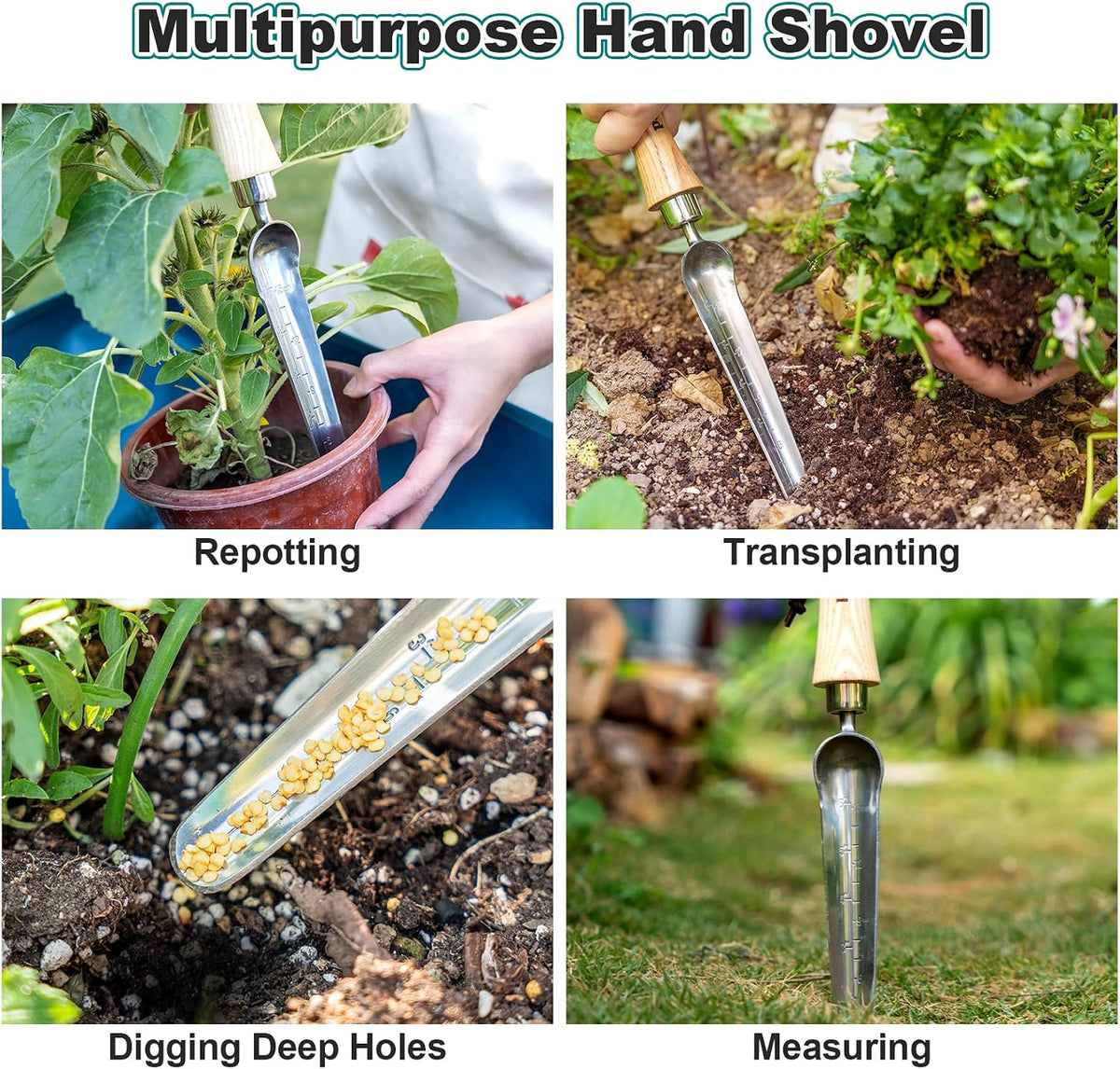 Oversized Soil Scoop, 12.9" Stainless Steel Gardening Scoop with Ash Wood Handle