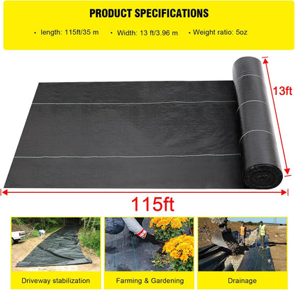 13x115ft Driveway Fabric,5OZ Commercial Heavy Duty Weed Barrier Fabric, Garden Landscape Fabric,French Drain Fabric for Erosion Control,Landscape Fabric,Weed Barrier,Construction Projects