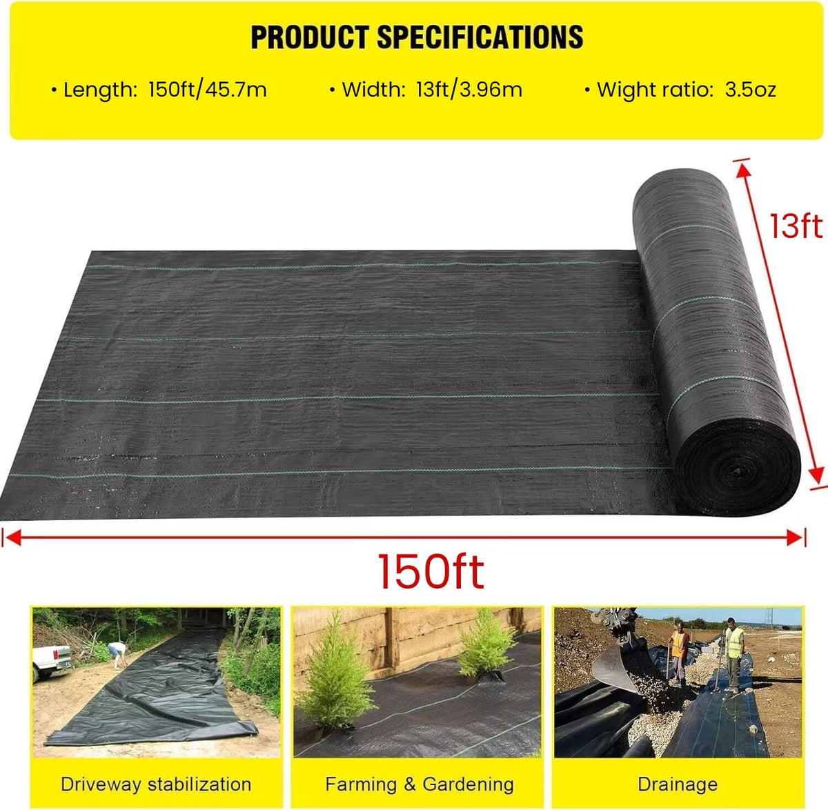 13x115ft Driveway Fabric,5OZ Commercial Heavy Duty Weed Barrier Fabric, Garden Landscape Fabric,French Drain Fabric for Erosion Control,Landscape Fabric,Weed Barrier,Construction Projects