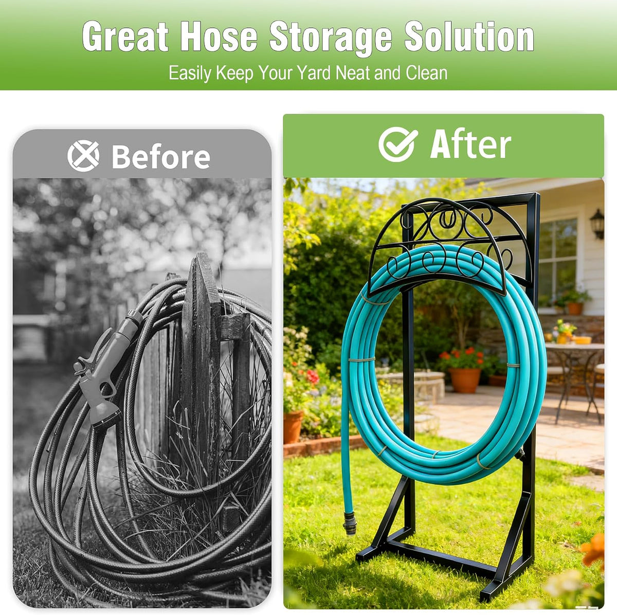 Garden Hose Holder, Heavy Duty 4 Spikes Water Hose Stand, Freestanding Hose Hanger Holds 150FT, Stable Hose Storage Organizer for Outside Yard Lawn